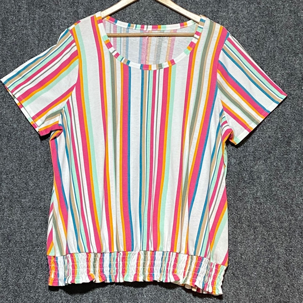 Lane Bryant Women 18/20 Striped Smocked Hem‎ Crew Neck Tee Multicolor 1126722